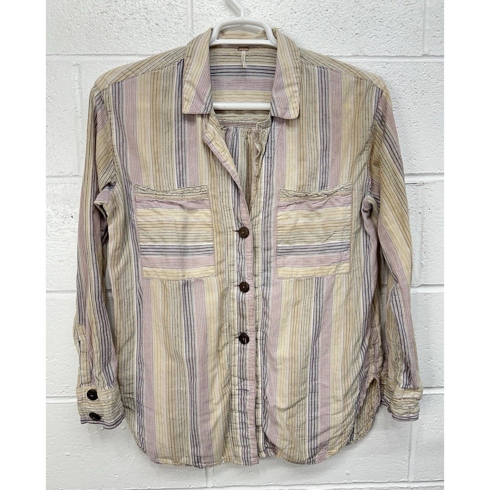 Free People High Tide Pink Sands Stripedâ Button Down Long Sleeve Top / Medium